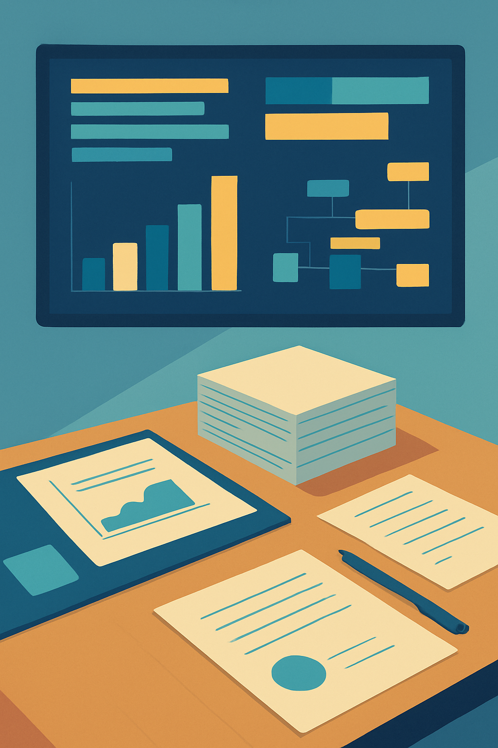 Mesa de trabajo con panel digital abstracto que representa flujos de recursos en campañas