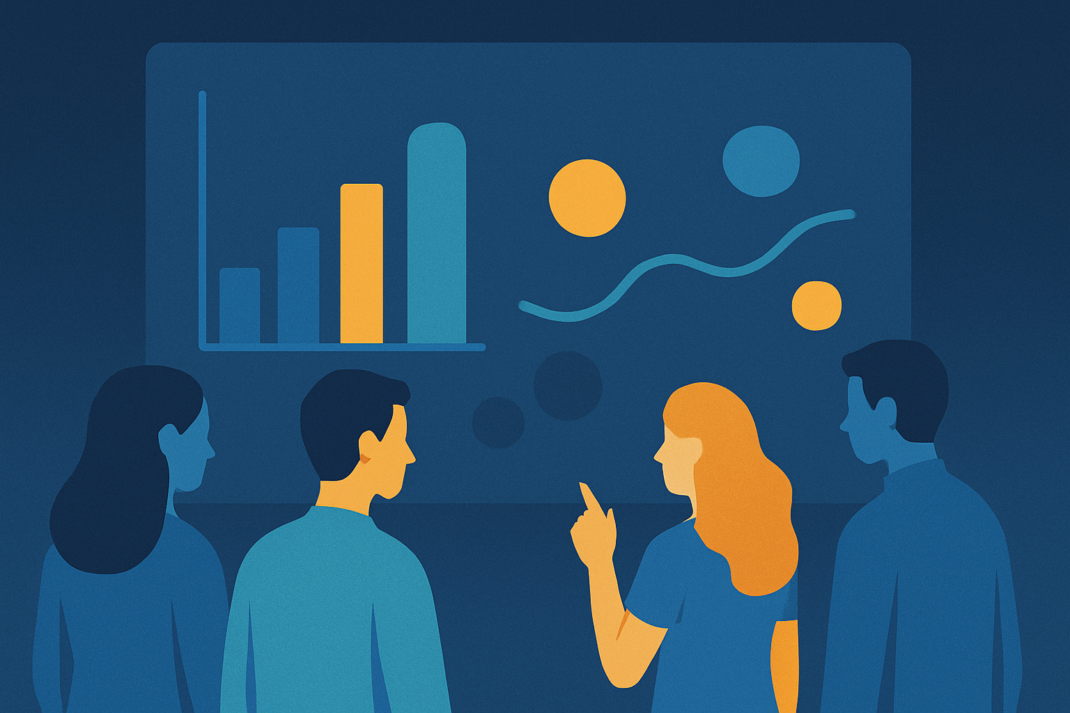 Personas observando un panel transparente con barras y burbujas de colores que representan datos