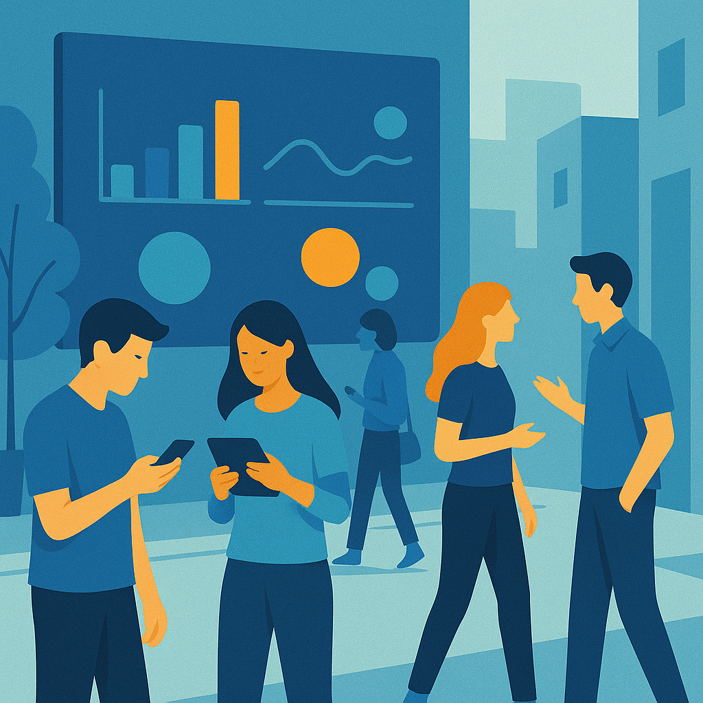 Jóvenes conversando frente a un mural digital luminoso sobre temas cívicos